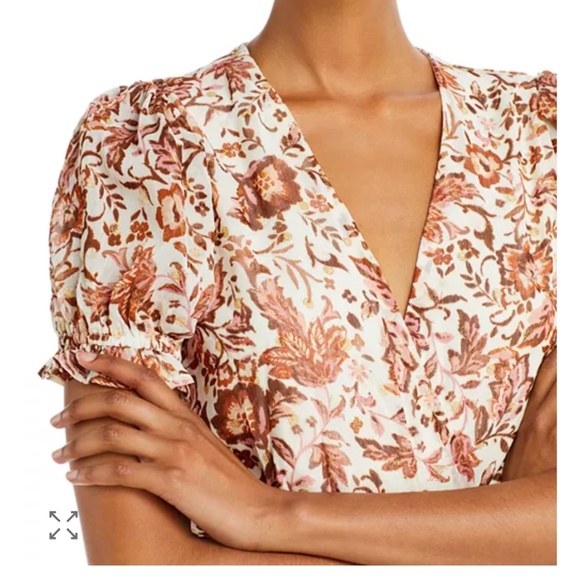 NWT Aqua Ivory Copper Pink Metallic Floral Short Tiered Mini Dress size M - Picture 5 of 10